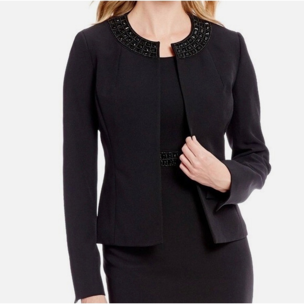 KASPER Petite Separates Black Open-Front Blazer Jewel Embellished Neckline | 6P